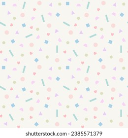 Beautiful and cute geometric seamless pattern vector. Multicolor pastel geometric shapes. Square, rectangle, trapezoid, triangle, pentagon, circle. Minimal abstract background. Fun and colorful design