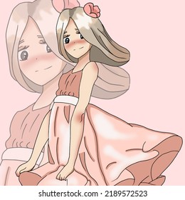 beautiful cute girl with blond hair and pink bow anime illustration