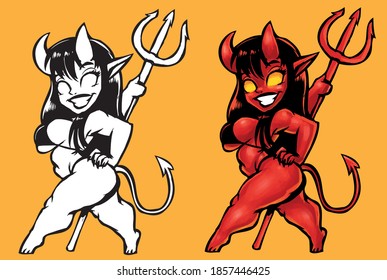 beautiful and cute girl demon devil with horns and pitchfork in hand in a black bikini smiling with yellow eyes