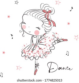 Hermosa linda chica dibujada a mano. Ilustración vectorial. Una encantadora bailarina bailando con zapatos de ballet y con un ballet tutu. Chica vectorial con vestido de ballet. Dibujo gráfico de camisetas para chicas