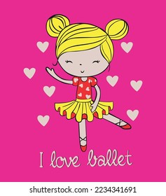 Beautiful cute girl drawn by hand. Vector illustration. Charming little ballerina girl dancing in ballet shoes and ballet tutu. Cute vector girl in ballet dress. Graphic T-shirts tee print for girls