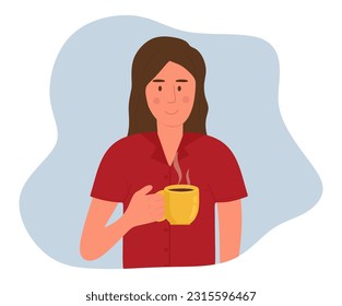 Beautiful cute girl with a glass of hot drink. Young woman holds a yellow glass of coffee on blue background. Cartoon girl drinking coffee isolated. Flat vector illustration 