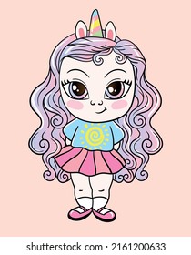 Beautiful cute girl and horn   unicorn ears  Cartoon drawing for children  Vector