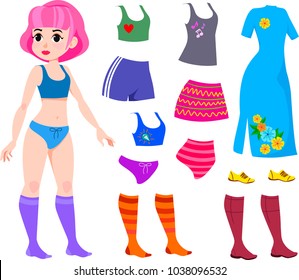 beautiful cute girl with pink hair and a set of clothes and shoes. paper doll.