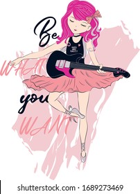 Beautiful, cute girl playing guitar with ballerina dress, rock star ballerina girl vector