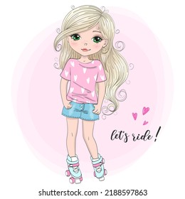 Beautiful, cute girl in roller skates. Vector illustration.