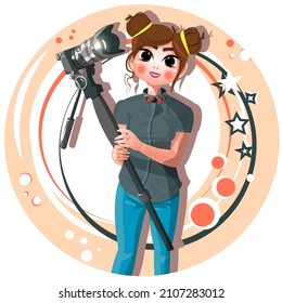 beautiful cute girl in a shirt and jeans with a camera in her hands. Vector