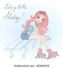 Beautiful, cute girl sitting and tie shoelaces on roller skates. Vector illustration.