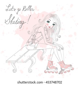 Beautiful, cute girl sitting and tie shoelaces on roller skates. Vector illustration.