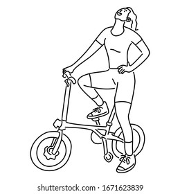 Beautiful, cute girl stands near bicycle. Line art vector illustration