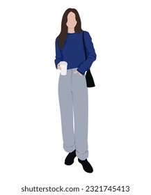 Beautiful and cute girl in stylish and fashionable clothes on a white background. Vector illustration in a flat style.