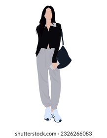 Beautiful and cute girl in stylish and fashionable clothes on a white background. Vector illustration in a flat style.