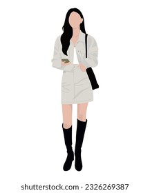 Beautiful and cute girl in stylish and fashionable clothes on a white background. Vector illustration in a flat style.