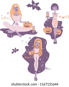 beautiful cute girl witch and zombie sitting next to pumpkin, candle, wreath and crow, Halloween, vector