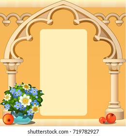 Beautiful cute greeting card with frame and space for your text, picture or photo, in the form of a stone arch decorated with fresh flowers. Vector cartoon close-up illustration.