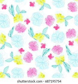 Beautiful Cute  Hand Drawn Arty Seamless Pattern with Floral Ornaments . 