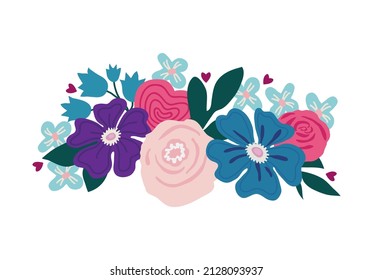 Beautiful cute hand drawn flowers and leaves in a bouquet. Roses, forget-me-nots, bluebells, daisies. Vector flat illustration, for Womens Day, birthday, wedding, retro style.