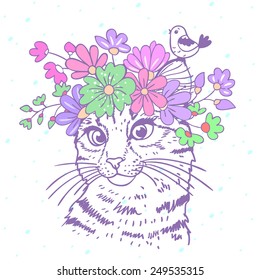 Beautiful and cute hand drawn kitty with a floral wreath on head
