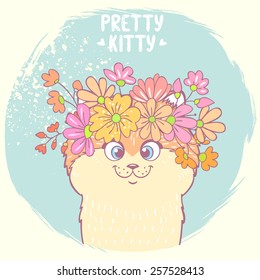 Beautiful and cute hand drawn kitty with a floral wreath on head