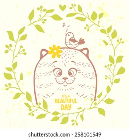 Beautiful and cute hand drawn kitty in wreath and with place for text