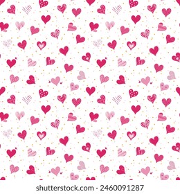 Beautiful and cute heart seamless pattern vector. Collection of hearts. Pink and red heart on dots background. Symbol of love and Valentine's day. Design for fabric, wrapping paper, card, sticker.