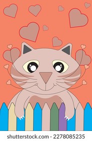 Beautiful cute illustration of a cat standing behind a fence. Cat, animal, beast. Beautiful children's illustration. Wooden fence in pastel colors. Heart, love, cute, childish, wooden, animal, cat.