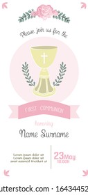 beautiful and cute illustration for communion girl greeting card with holy chalice, roses, plants and white and pink colors 