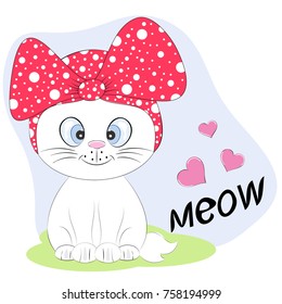 A beautiful Cute kitty cat in a hat with lettering Meow. Graphics for t-shirts. Greeting card. Vector illustration.
