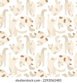 Beautiful cute light white pet cats on a white background. Seamless animal pattern. Vector illustration