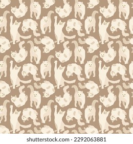 Beautiful cute light white pet cats on a brown background. Seamless animal pattern. Vector illustration