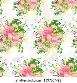 Beautiful cute liliya pattern. Different detail design with tropic monstera and foliage