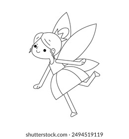 Beautiful cute little fairy girl with wings. Coloring book for children. Vector illustration in outline style.