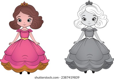 beautiful cute little princess girl Hand drawn design. Vector cartoon illustration on white background