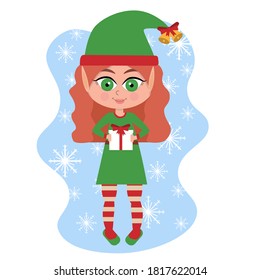 Beautiful cute little Santa elf girl with present on a white background. Cartoon  christmas vector illustration.