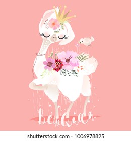 Beautiful and cute llama, alpaca in crown, flowers and bird. Beautiful llama baby animal princess or queen