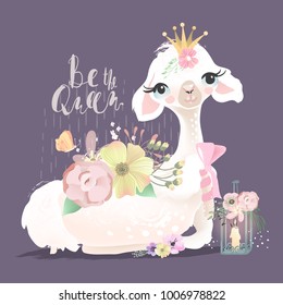 Beautiful and cute llama, alpaca with beautiful flowers, tied bow and whimsical romantic lantern, butterfly and bird