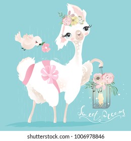 Hermosa y linda llama, alpaca con hermosas flores, arco atado y romántico farolillo y pájaro