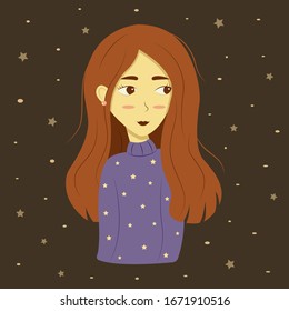 Beautiful cute long red-haired girl looks away. Purple sweater with a pattern of stars. Colorful cartoon style illustration on brown background vector