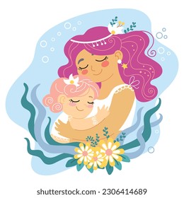 Beautiful cute mama hugs her little daughter. Vector cartoon illustration in flat style isolated on a white background. For print, design, poster, sticker, card, decoration and t shirt design