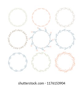 Beautiful cute monogram set with colorful floral elements. Collection of hand drawn wreaths, and frames with flowers and leaves for invitation cards decoration. Isolated vector illustration