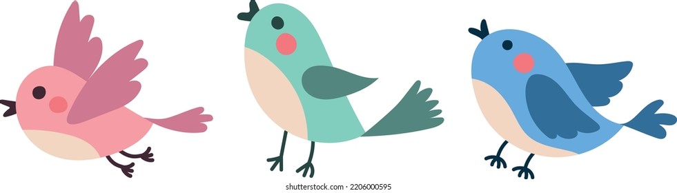 Beautiful and cute multi-coloured birds. Spring birds with beautiful beaks and red cheeks. Vector birds for postcards