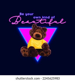 Beautiful cute neon brown bear doll slogan vector illustration on black background