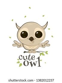 A beautiful cute owl sits on a tree branch, around the leaves fall the text below, vector and isolated on a white background