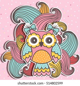 Beautiful, cute owl with swirls on a pink background