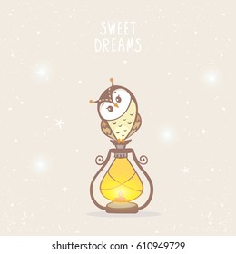 Beautiful and cute owls siting on a lantern. Cartoon sweet owl. Vector illustration