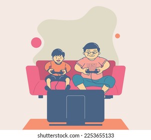 Beautiful cute pastel colorful illustration vector of Father Dad smiling use time to sitting on sofa and playing Video Game Console game on television with son with happy family mood  for Father Day 