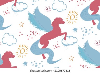 Beautiful, cute, pastel girly pattern with Pegasus with clouds, butterfly, dragonfly and sun. with stars Pegasus, handrawn, beautiful vector illustration