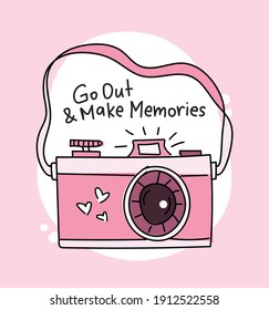 Beautiful cute pink camera and positive inspirational quote text, design for prints, posters, decorations