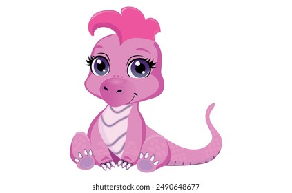 beautiful and cute pink dinosaur with big eyes, vector illustration, white background.