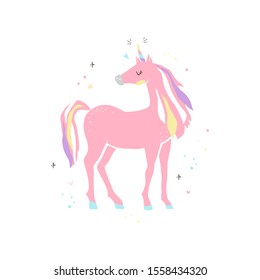 Beautiful cute pink unicorn . Isolated vector illustration